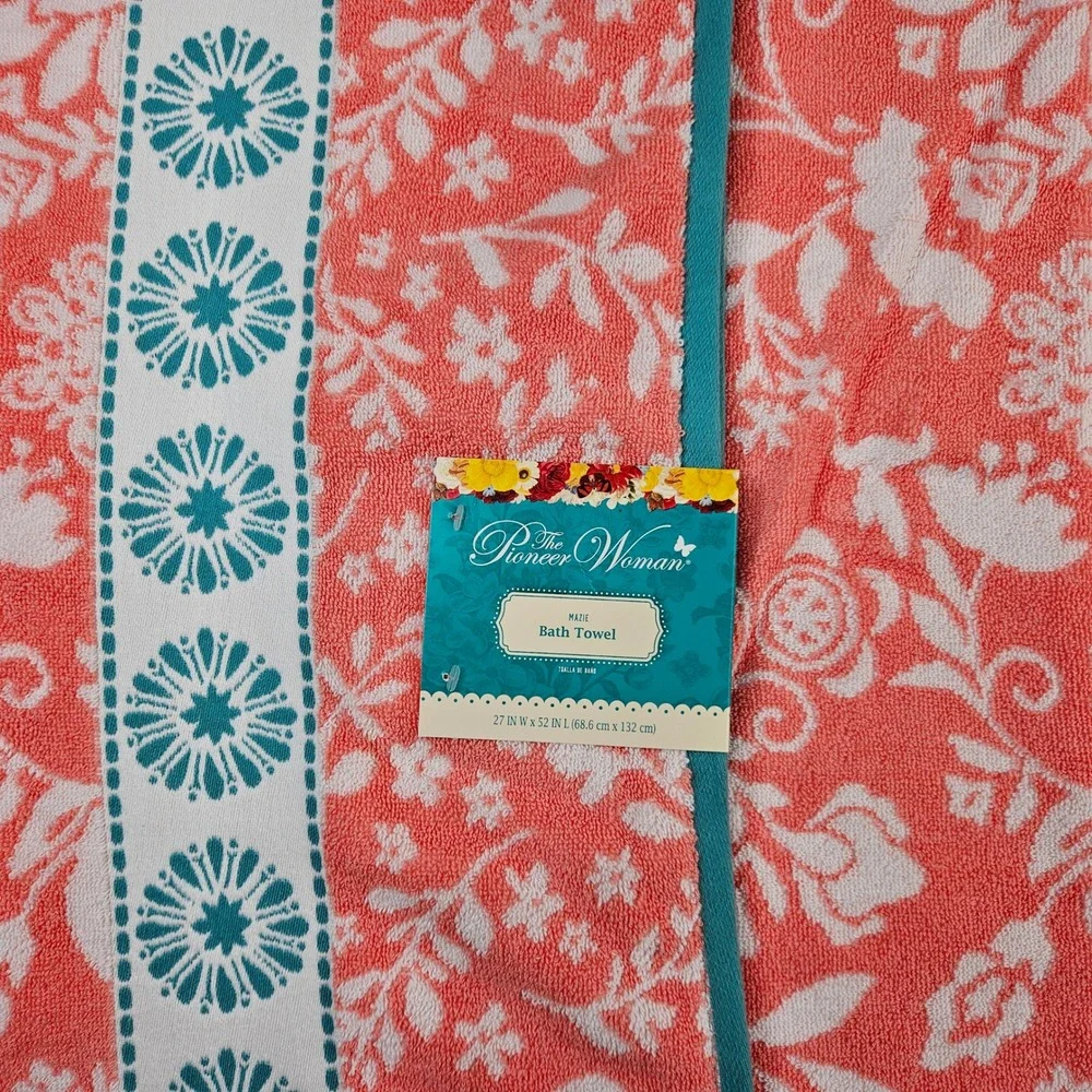 Pioneer Woman Mazie Bath Towel Coral Teal Floral 100% Cotton 27x52 NEW